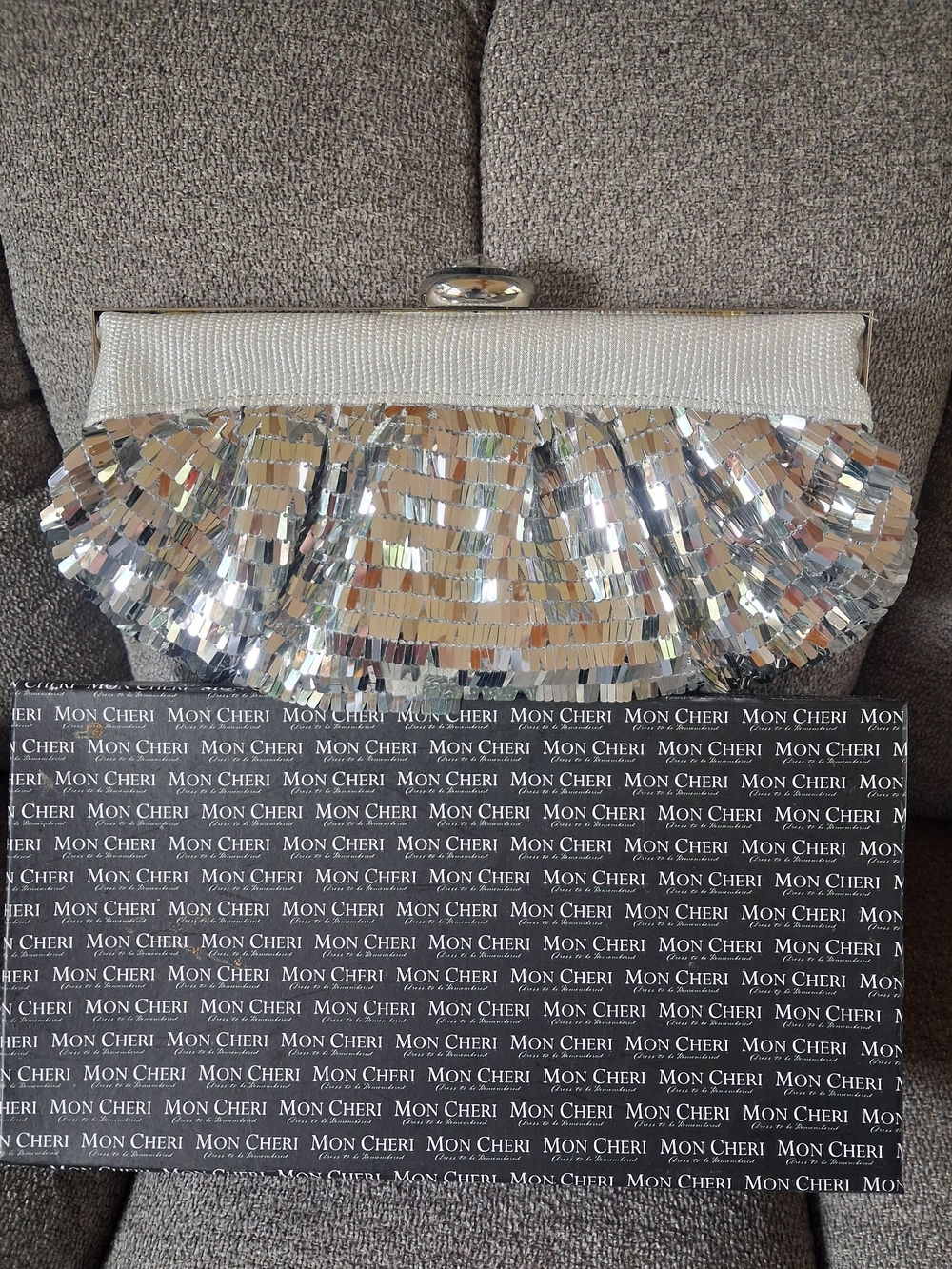 Mon Cheri Silver Sequin Ruffled Evening Clutch